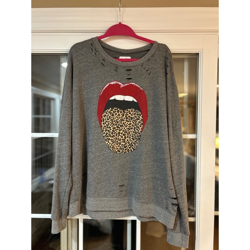 Lauren Moshi Leopard Tongue Distressed Sweatshirt Red Lips X-Large Gray EUC